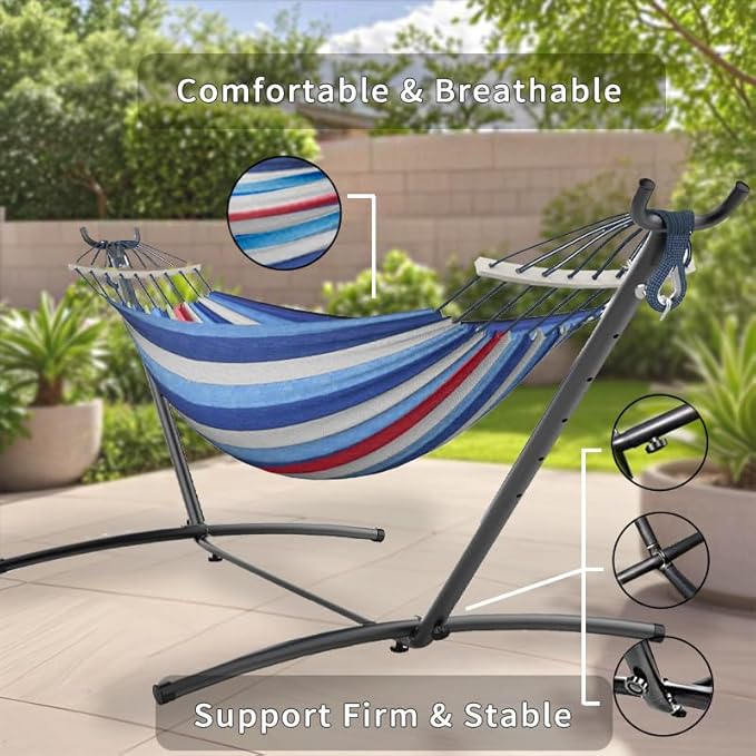 Double Hammock Heavy Duty Portable 500 lb Weight Capacity Perfect for Both Indoors and Outdoors 2 Person Hammock with Carrying Bag Fine Blue