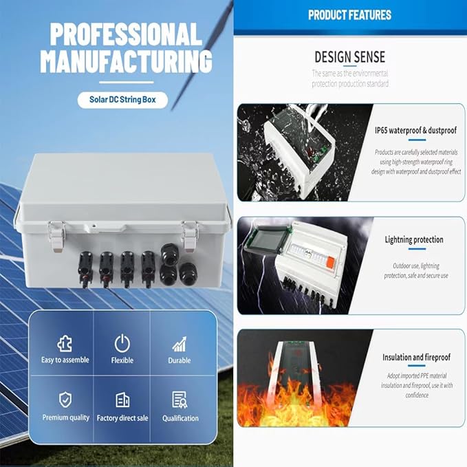4 String PV Combiner Box with 15A Fuses Surge Protector &amp 63A Breaker IP65 Waterproof for On/Off Grid Solar System Home RV Marine