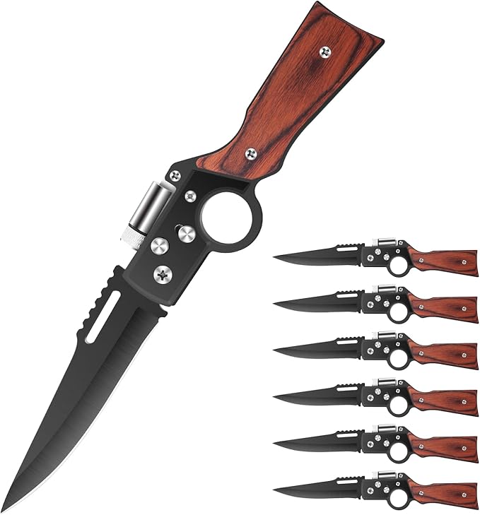 AK47 Style Tactical Folding Pocket Knife（Black） 6-Pack – Bulk Set with LED Light Wood Handle Laser Engraving Ready Best Man Gifts Outdoor Camping Hiking Gear for Groups (6)