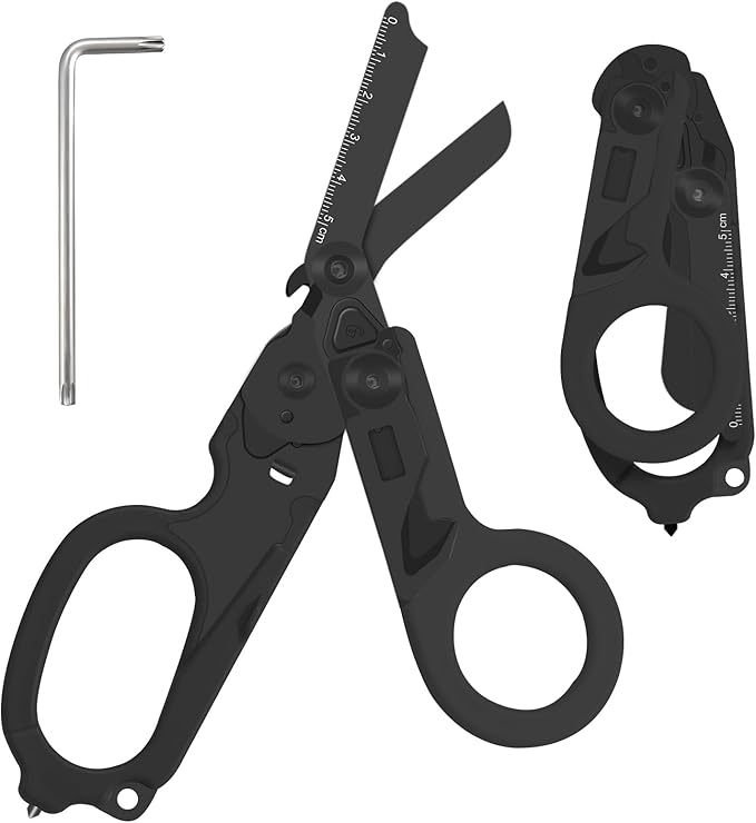 6 in 1 Multifunctional Combination Tool Folding Retractable Emergency Shears Outdoor Camping Tools Seat Belt Cutter Oxygen Cylinder Wrench Complimentary Adjustable Wrench (Electroplating black)