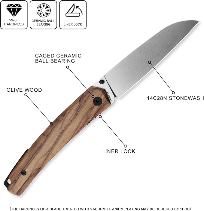 Petrified fish PF719 Folding Knife3.38 14C28N Steel Stonewashed Blade Olivewood Handle Thumb Stud Liner lock Pocket knife (Olivewood Stonewashed)