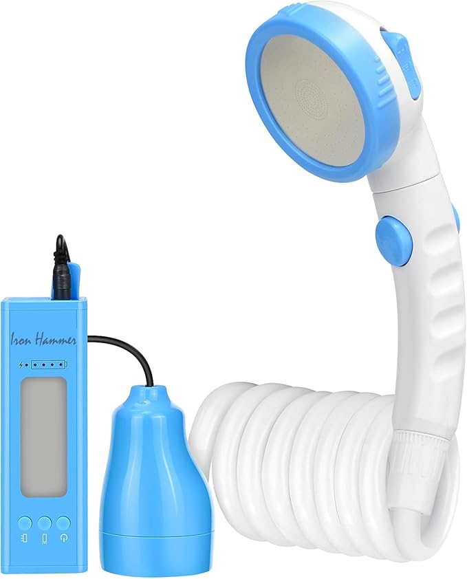 Portable Outdoor Camping Shower with Charger 5000mAh Power Bank High Capacity with LED Camping Lantern for Emergency Light Mobile phone emergency charging 3 Functions Handheld Shower Head
