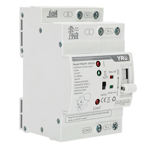 Mini ATS Automatic Transfer Switch 2P 63A 110V Dual Power Automatic/Manual Transfer Switch for Generator and Home Power Backup Fast Switching DIN Rail Mounted Changeover Switch AC 50/60Hz