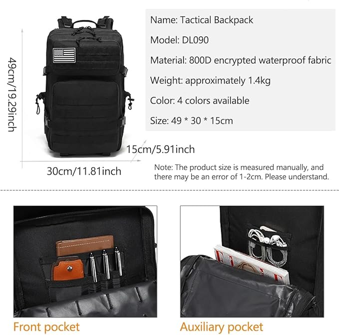 45L Military Tactical Backpack Large Army 3 Day Assault Pack Molle Bag Backpacks Hiking Fishing Rucksack (Black)