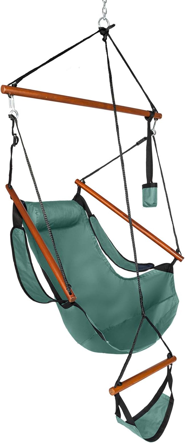 Hammock Hanging Sky Chair Large Swinging Seat Chair Indoor and Outdoor Air Swing Seat with Oxford Cloth&amp HardwoodCup Holder for Patio Bedroom or Tree (Green)