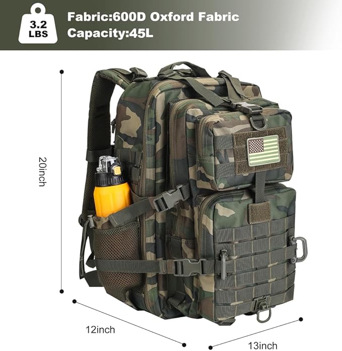 Hannibal Tactical 45L MOLLE Assault Backpack Tactical Backpack Military Army Camping Rucksack with Bottle Holder 3-Day Pack Trip w/USA Flag Patch D-Rings US Woodland