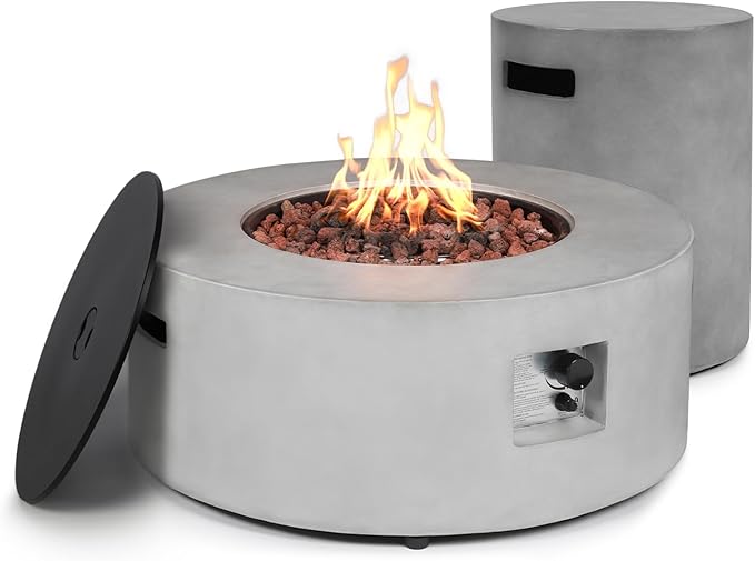 36inch Round Concrete Fire Pit Table with Propane Tank Cover 50000 BTU Outdoor Fire Table Modern Firepit Natural Gas Firepits with Steel Lid Rain Cover for Backyard Deck