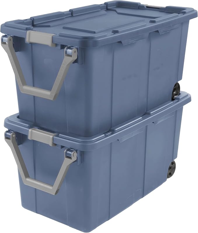 40-gallon wheeled industrial storage bins 2 count rugged plastic latch lid storage totes blue wheeled bulk storage bins