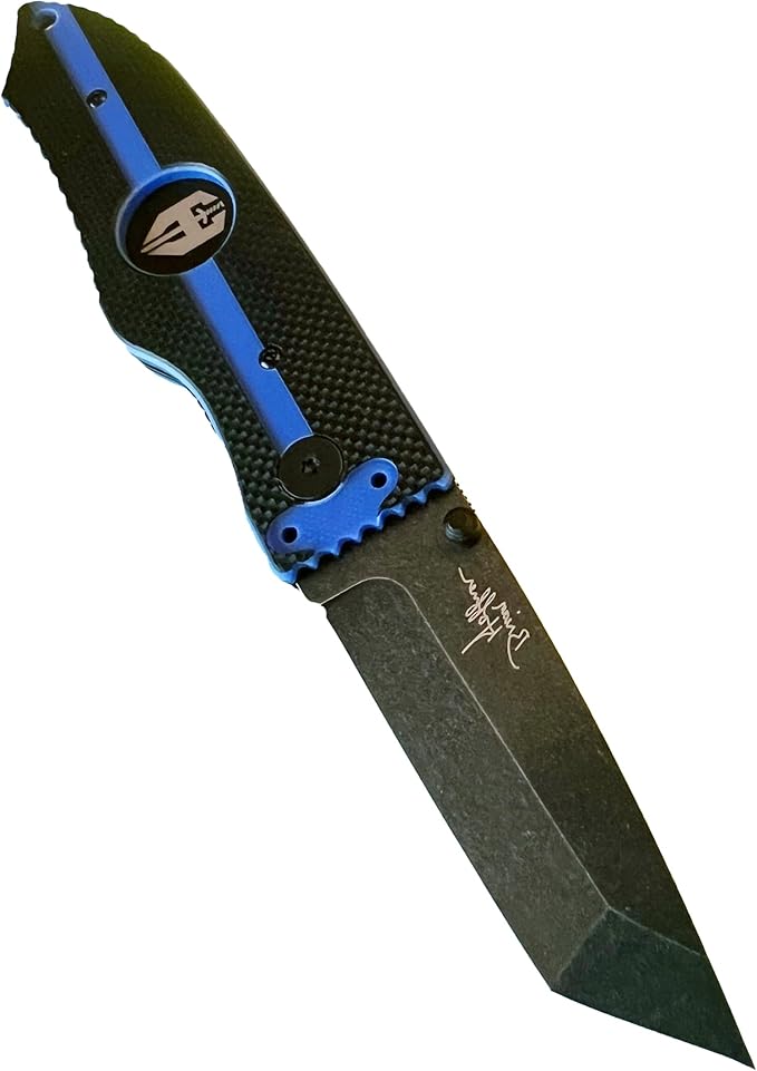 HOFFNER 3.5 EDC Folding Knife with Pocket Clip VG10 Japanese Stainless Steel Black Acid Washed Tanto Blade - (First Responder Thin Blue Line Medium Texture Grip) - Camping Hiking Outdoor Survival