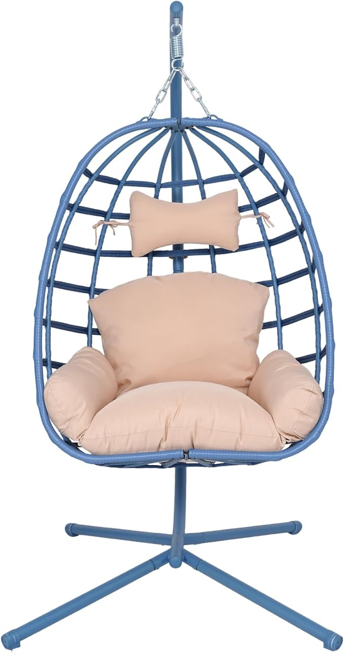 Hanging Egg Chair with Stand Outdoor Indoor Patio Rattan Swing Hammock Chairs with Washable Cushion 350lbs Capacity PE Wicker Swing Chair for Backyard Bedroom Garden (Blue + Beige Cushion)