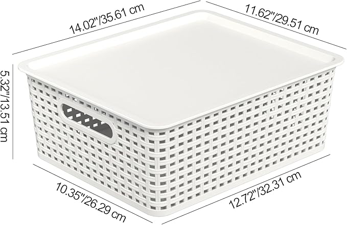 6 Packs Plastic Woven Storage Basket with Lid Stackable Lidded Storage Baskets for Shelves (White)