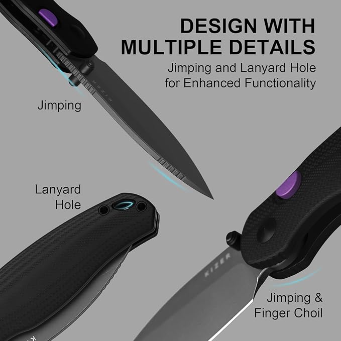 Kizer Phoca BD Pocket Knife 2.95 Drop Point D2 Blade Folding Knives with Black G10 Handle Thumb Stud EDC Knife for Men Women V3781BDM1