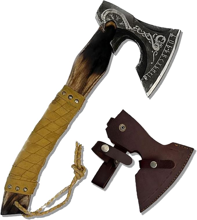 Handmade Viking Axe with Pure Leather Sheath | Real Handmade Outdoor Hunting OR Camping | Viking Gifts for Men (Yellow)