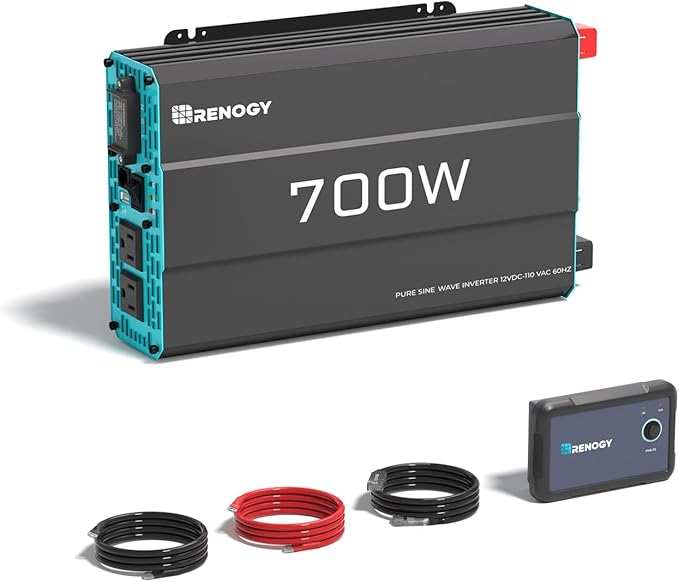 Renogy Inverter P2 700 watt Pure Sine Wave Inverter Solar Car Power Inverter 12V to 120V AC Converter for RV Truck Camping Home Backup Outdoor Emergency Off-Grid Living 16.4FT Remote Control