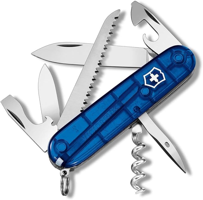 Victorinox Camper Swiss Army Knife 13 Functions Swiss Made Pocket Knife with Large Blade Screwdriver Tweezers and Key Ring - Sapphire