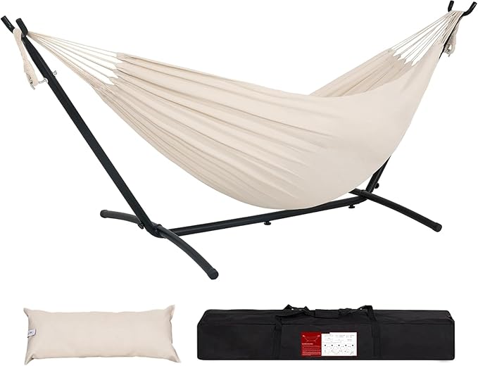 Lazy Daze Hammocks Double Hammock with 9ft Space-Saving Steel Stand Includes Portable Carrying Case 450 Pounds Capacity (Natural)
