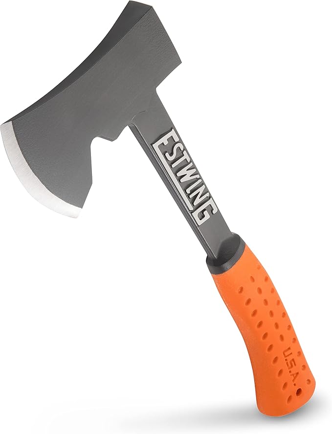 ESTWING Camper's Axe - 14 USA Made Black Hatchet with Tent Stake Puller &amp Hi-Vis Orange Shock Reduction Grip - EO-25A