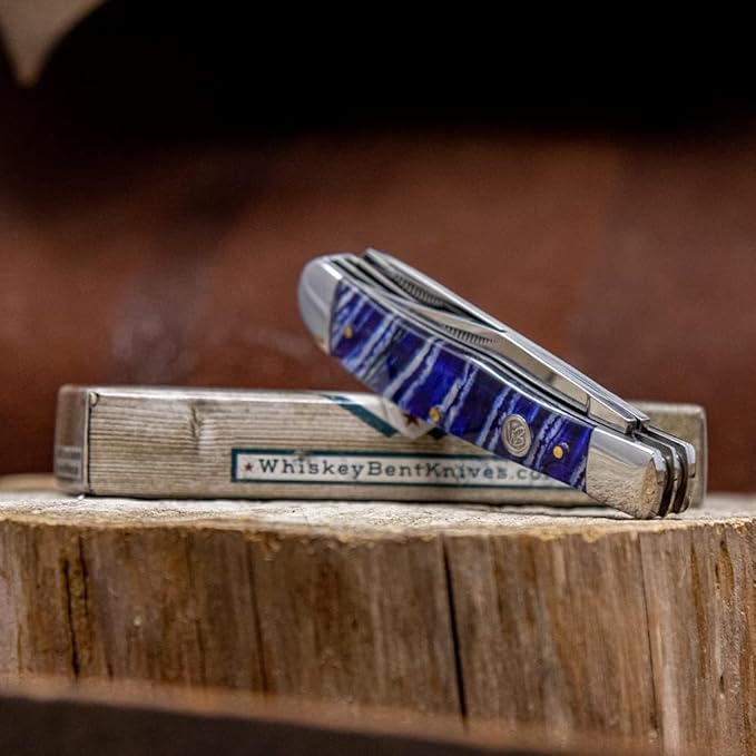 WHISKEY BENT HAT CO. Traditional Trapper Folding Pocket Knife 4.125 Closed Length 440C Stainless Steel Blades (Blue Mammoth)