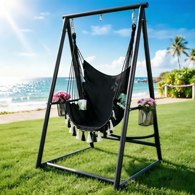 YOXIFOC Reinforced Base &amp Triangular Structure Hammock Stand with 2 Storage Baskets Swing Stand with 3 Hooks Fit for Most Hanging Chair for Oudoor&ampIndoor (with Chair) (Black)