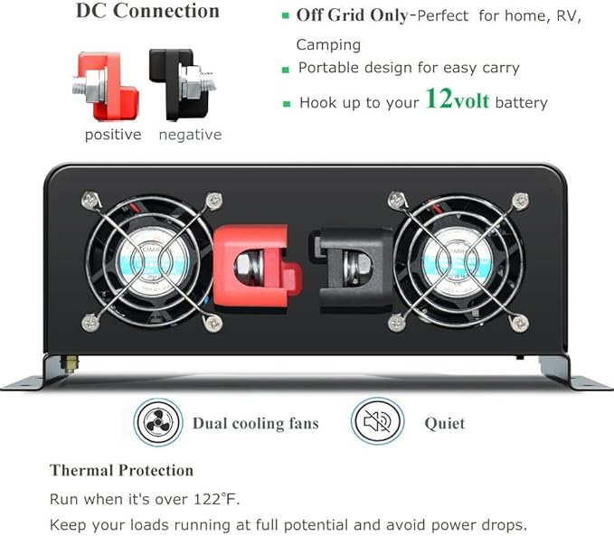 5000Watt Pure Sine Wave Power Inverter 12VDC to 120VAC 10KW Peak Built-in Soft Starter Dual AC Outlets 2× 2.4A USB Port &ampHardwire Terminal Off-Grid Solar Converter RV Trucks (U5-500012)