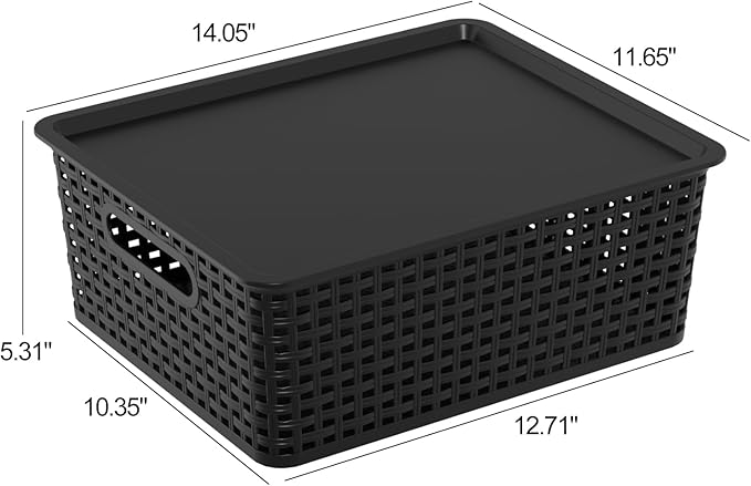 6 Packs Plastic Woven Storage Basket with Lids Lidded Storage Basket Bin for Shelves 14.05 L x 11.65 W x 5.31 H Black
