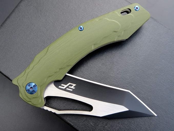 Eafengrow EF915 Folding Knife D2 Steel Blade with Black-Oxide Coating G10 Handle with Ball Bearing Safe Open Flipper Knife Locking Liner and Pocketclip for Camping Work (Green)