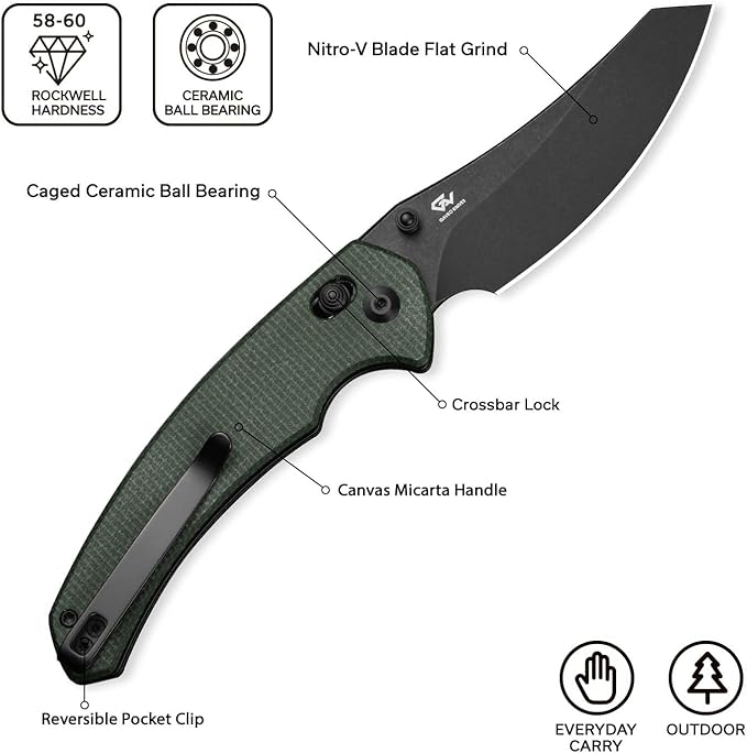 CIVIVI Sixgill Folding Pocket Knife for EDC 3.41'' Nitro-V Blade Micarta Handle Deep Carry Reversible Clip Gift for Men Women C24050-3 (Green)