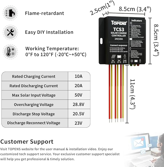 TOPENS TCS3 Solar Charge Controller Waterproof Solar Panel Battery Regulator for Solar Automatic Gate Opener Boat Yacht RV Caravan Golf Car Street Lamp Garden Light and Farm Equipment
