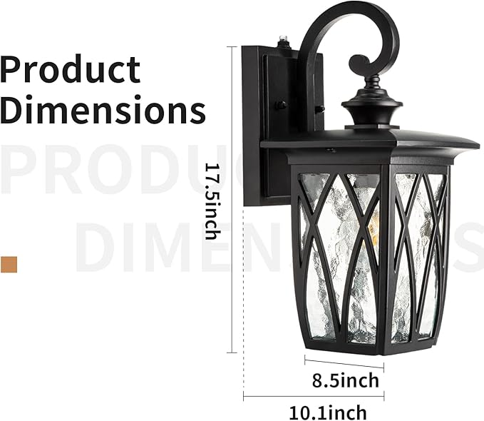 JYZ Dusk to Dawn Outdoor Wall Lantern Craftsman Style Large Exterior Sconce Light with Water Ripple Glass Traditional Porch Light Fixture Wall Mount Lamp for Front Porch Doorway Garage Patio Garden