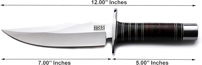 GCS Custom Handmade Stacked Leather Handle D2 Tool Steel Blade Full Tang Bowie Knive with Leather Sheath for Hunting Bushcrafting Camping Survival and EDC-GDK-024