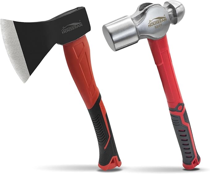 2-Piece Outdoor Axe and 2lb Ball Peen Hammer Set 13.8 Camping Hatchet with Forged Steel Blade &amp Heavy Duty Metal Hammer for Wood Splitting Metalworking Bushcraft DIY &amp Survival Tasks