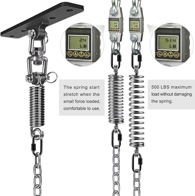 Dolibest Hammock Chair Hanging Kit Heavy Duty Swing Hanger with Spring and 39 Chain Indoor Outdoor Playground Hanging Hammock Punching Bags 360+180° Rotation Easy to Install Black
