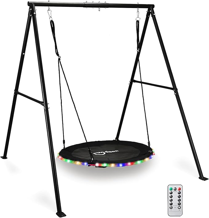 440lbs Swing Set for Backyard with 40 inch LED Saucer Swing and Heavy-Duty A-Frame Metal Stand Swing Set Outdoor for Kids