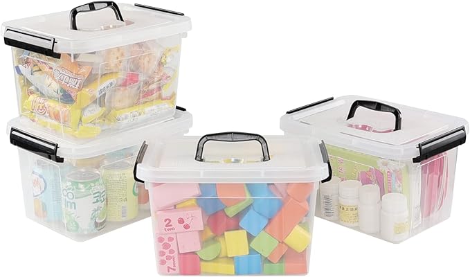 Ramddy 6 Quart Plastic Latching Storage Bin 4 Pack See Through Clear Container Box with Lid