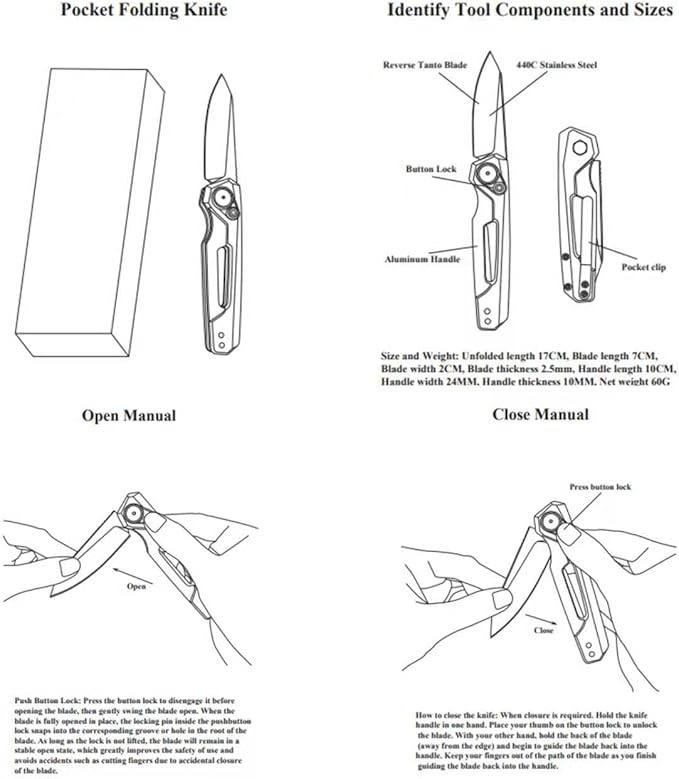 HUAAO Manually Operated Button-Lock Knife Men's Folding Pocket Knife Stonewashed Reverse Edge Aluminum Handle With A Reversible Deep Pocket Clip EDC Outdoor Camping Tool (Green)