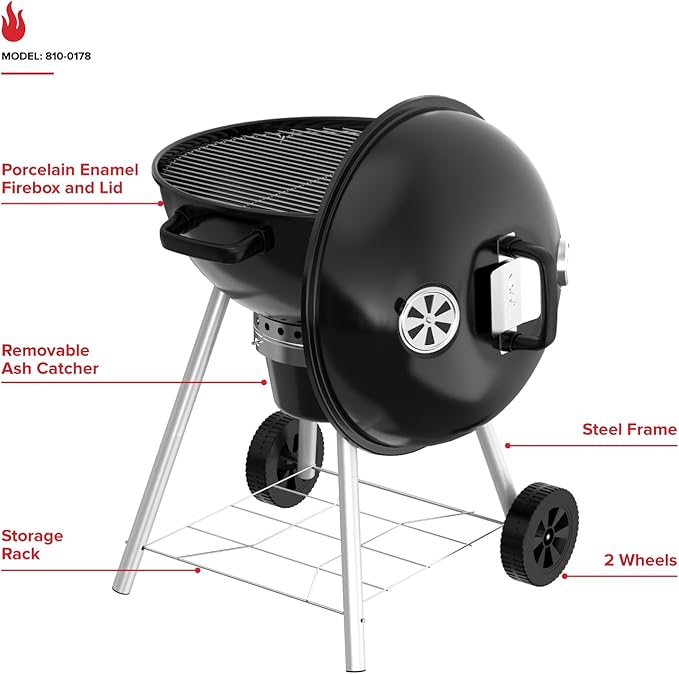 Nexgrill Premium 22.5 Charcoal Barbecue Grill with Adjustable Air Vent Built-In Temperature Gauge 362 SQ In Grate Storage Rack Portable Kettle Grill for Camping Picnics and More - 810-0178
