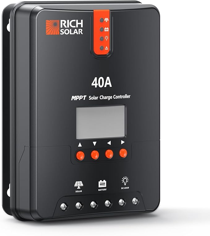 RICH SOLAR 40 Amp 12V/24V DC Input MPPT Solar Charge Controller with LCD Display Solar Panel Regulator for Gel Sealed Flooded and Lithium Battery Negative Ground
