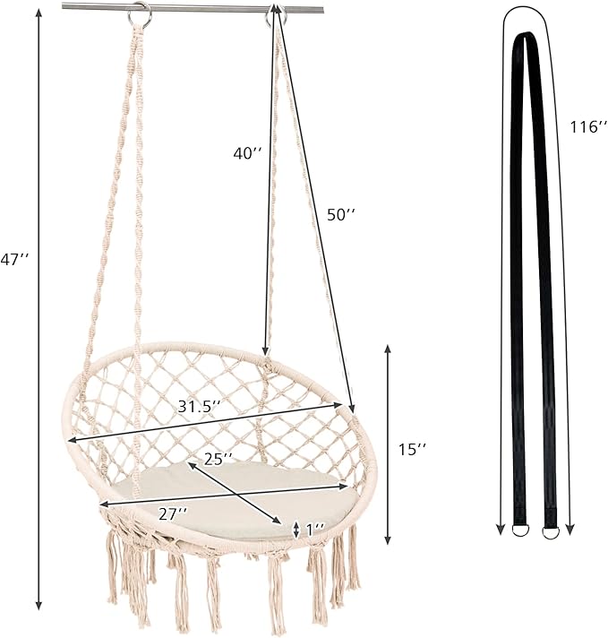 Giantex Hammock Chair Macrame Swing - Hanging Chair with Cushion and Hardware Kit 330 LBS Weight Capacity Indoor Swing for Hammock Stand Patio Balcony Living Room Hammock Swing (Beige)