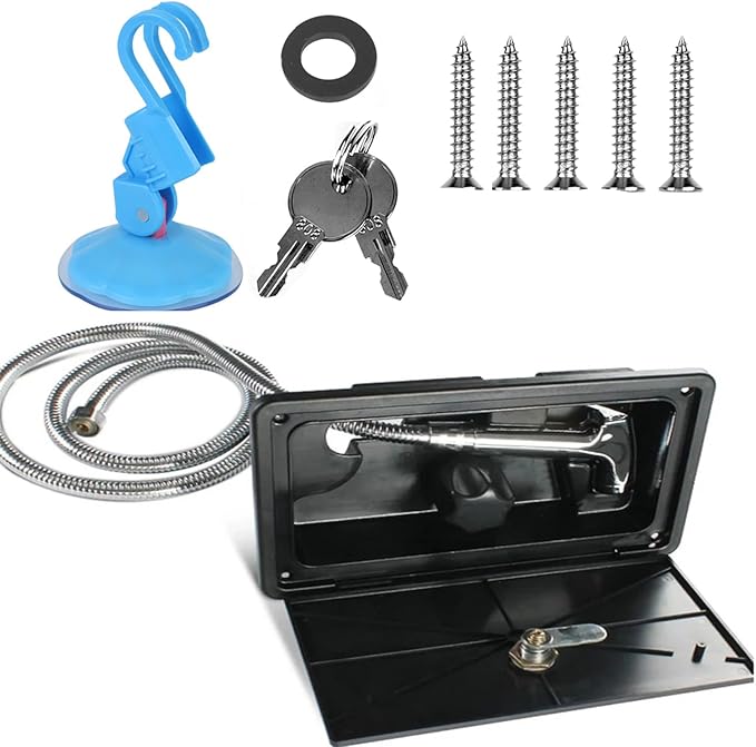 RV Exterior Shower Box Kit Torcarvh Shower Head with Lock with Hose and 2 Keys for Marine Boat RV Motorhome Caravan Camper Accessories (Black)