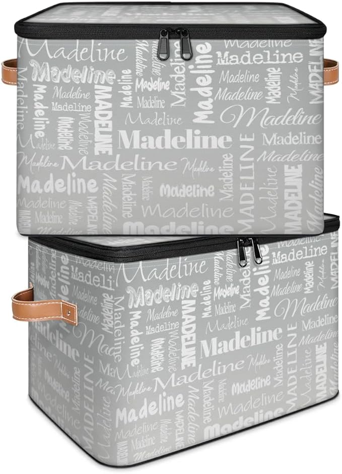 Custom Storage Basket with Name Personalized Keepsake Box with Zipper Lid Foldable Fabric Memory Bin Large capacity with Handle Grey