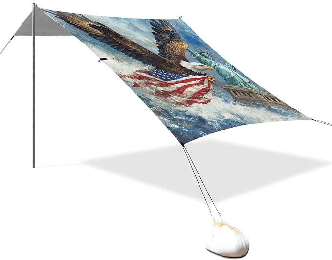ALAZA Bald Eagles Flying Carrying American Flag The Statue of Liberty Beach Tent Sun Shelter Portable Canopy Sunshade for Outdoor Camping Picnics Backyard Fun 10x9 ft