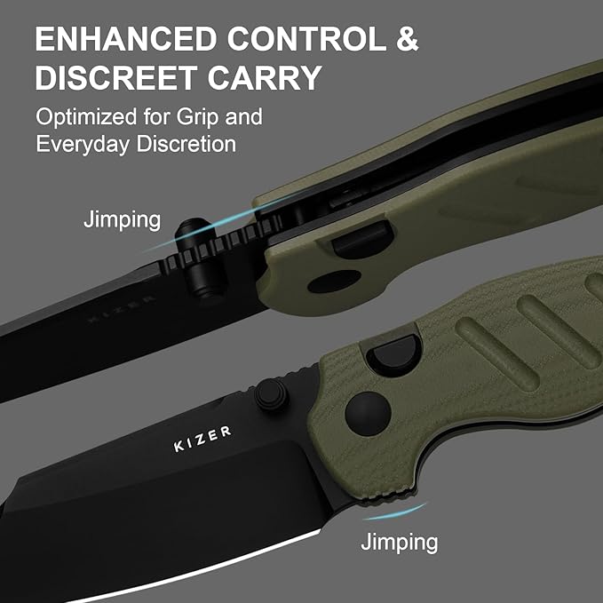Kizer C01C 275 Sheepdog Pocket Knife 2.75 D2 Blade Folding Knife Button Liner Lock Thumb Stud Opener Green G10 Handle Small EDC Knives for Camping Survival V3488.27M3