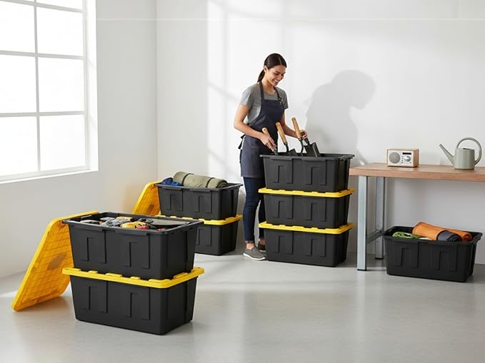 Heavy-Duty Storage Tote with Lid Black and Yellow 40 Gallon 22.0 D x 38.2 W x 16.4 H (2 PACK)