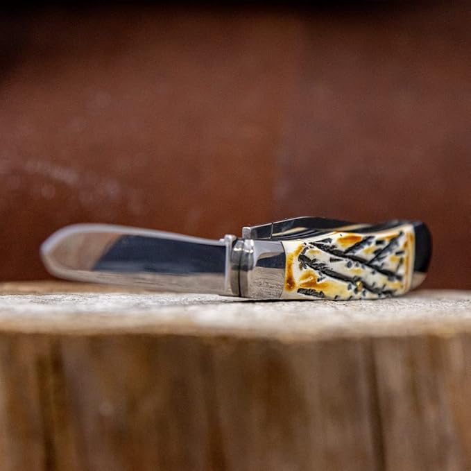 WHISKEY BENT HAT CO. Traditional Trapper Folding Pocket Knife 4.125 Closed Length 440C Stainless Steel Blades (Carved Burnt Bone)
