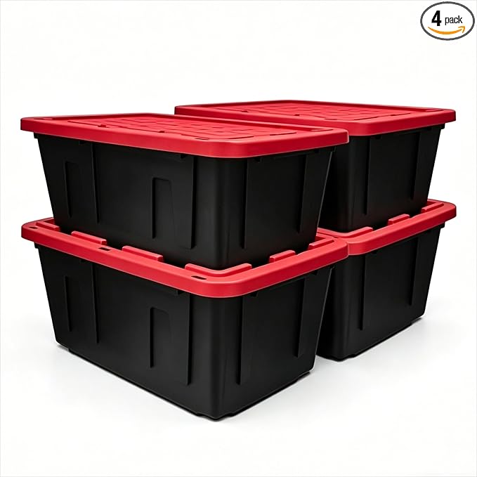 4Pcs 27-gallon Plastic Storage Box Sturdy and Durable with A Lockable Lid Suitable for Outdoor Garage Basement and Indoor Item Organization Stackable Storage Box Black Base and Red Lid