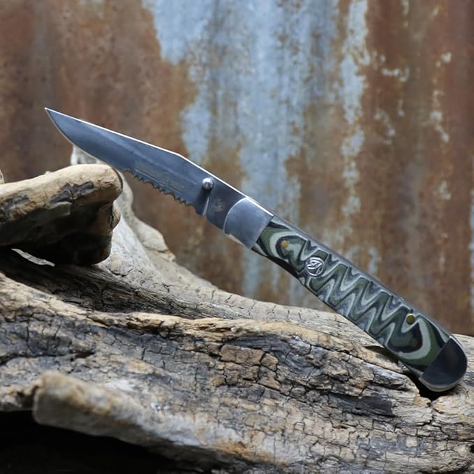 WHISKEY BENT HAT CO. Locking Trapper Folding Pocket Knife 4.125 Closed Length 440C Stainless Steel Blades (Brown Fang - Serrated)