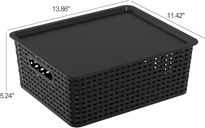 6 Pack Plastic Storage Bins with Lids Stackable Plastic Storage Baskets with Lids Black