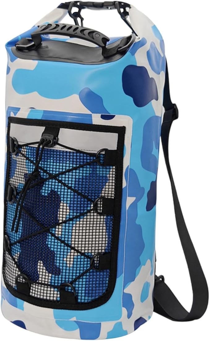Waterproof Dry Bag Backpack with Mesh Pocket Storage Bag Versatile for Hiking Camping Kayaking Rafting Swimming Blue