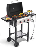 Propane Gas Grill with Folding Side Tables 3-Burner Gas Grill with Cast Iron Grates and Stainless Steel Griddle Pan Outdoor BBQ Grill Portable with Wheels 30000 BTU Output