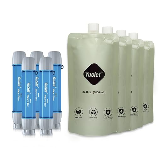 Squeeze Water Filtration System for Hiking Camping Travel and Emergency Preparedness (5 Water Filter Straw 4 Squeezable 34-Oz Water Pouch)